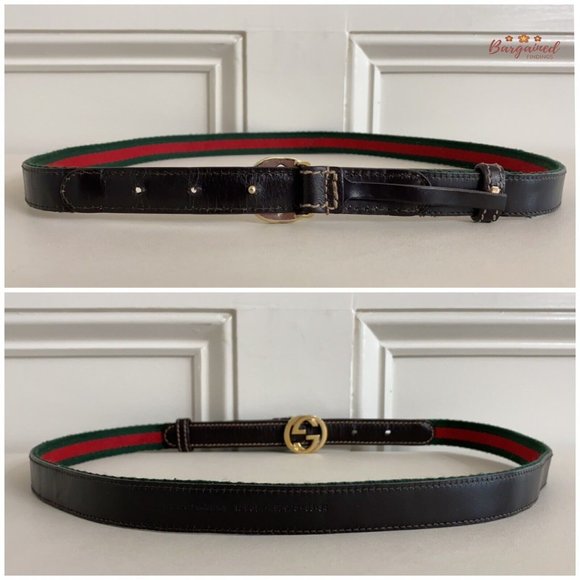 Authentic Gucci Web Canvas Brown Leather GoId Interlocking G Buckle Belt 85/34 - Picture 6 of 13